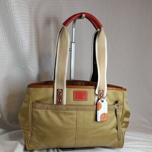 Coach Hamptons Weekend Nylon Tote Tan and Orange Leatherware With Tag 10663